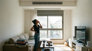 ניקוי תעלות מזגן - להחזיר את האוויר הנקי הביתה 8 אישה בסלון ביתי מואר מרימה את ידה לעבר מזגן עילי ומנסה להבין מאיפה מגיע הריח הלא נעים מהמזגן