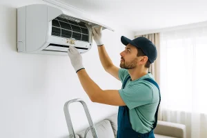 טכנאי מזגנים מקצועי בודק מזגן עילי עם סימני עובש קלים בסלון ביתי בישראל, כדי להחזיר לבית תחושת אוויר נקי ונעים